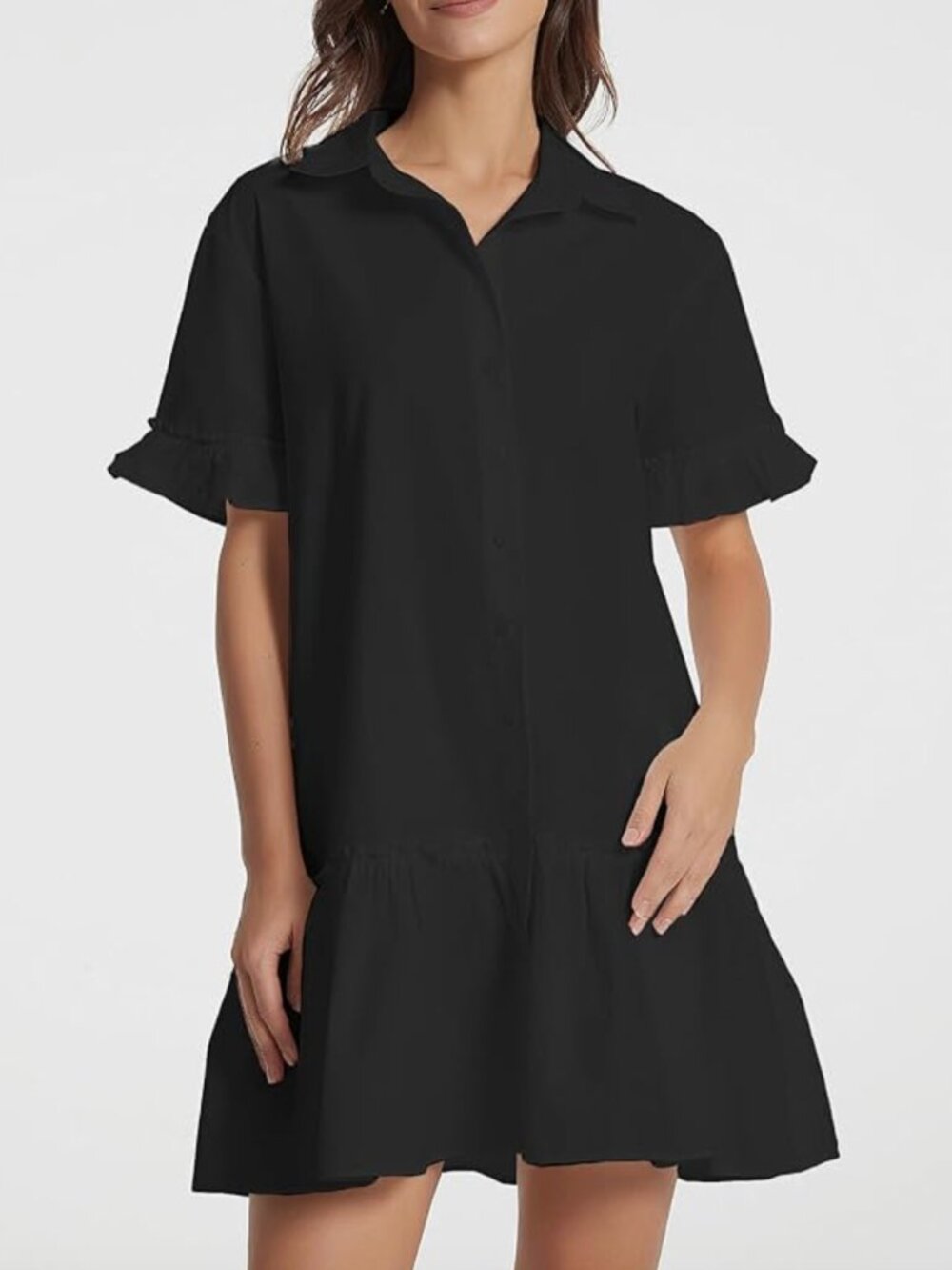 Black 100% Cotton Shirt Dress Drop Waist Ruffle Detail Dress